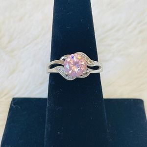 Pink and Clear Ring Jewelry Fashion Rhinestone Silver Tone Costume Size 7.5
